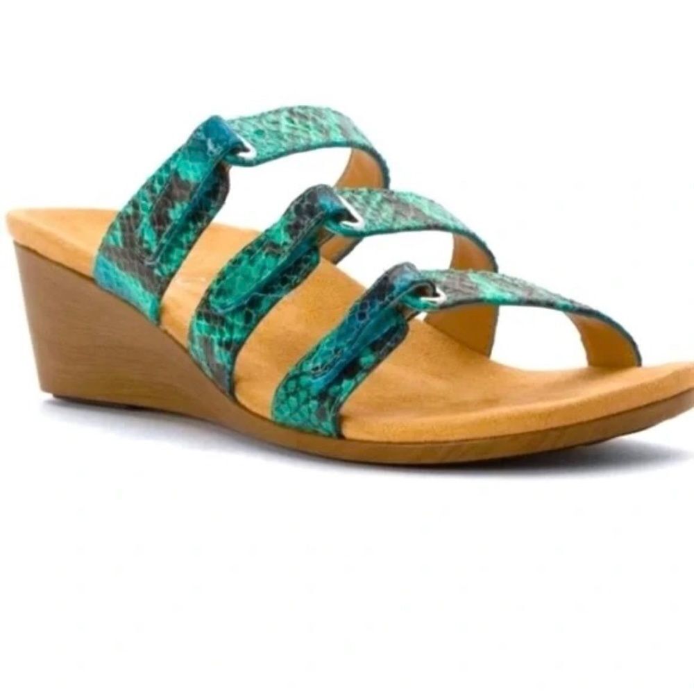 Vionic Dwyn Green Orthotic Comfort Snakeskin Leather Strappy Slides Sz 7